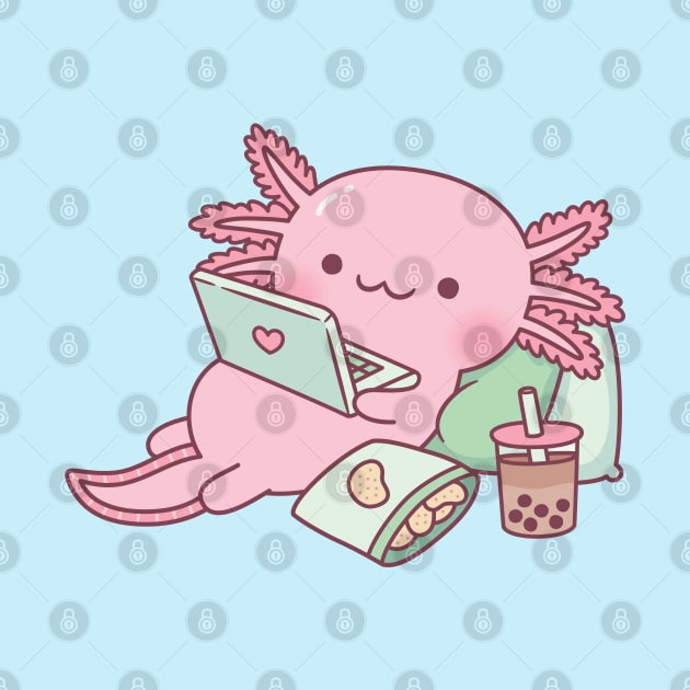 Cute Axolotl Chilling with Laptop And Snacks by rustydoodle