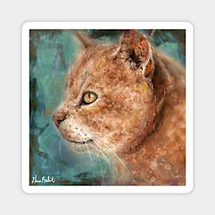 Painting of an Orange Cat Portrait in Profile on Turquoise Background Magnet