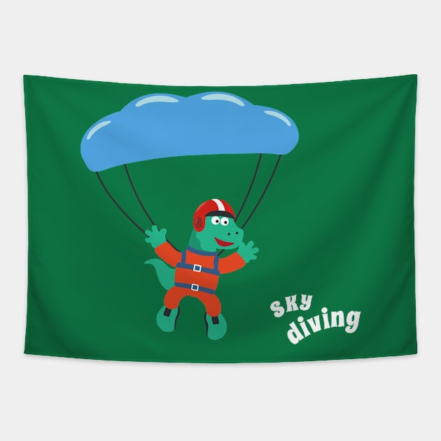 cartoon illustration of skydiving with litlle dinosaur Tapestry by KIDS APPAREL