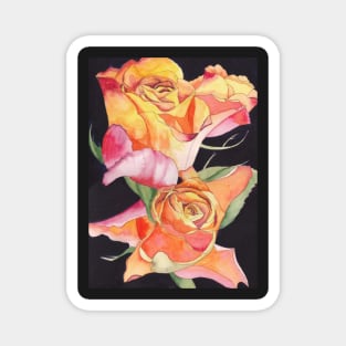 Pink and Yellow Roses watercolour painting with a dark background. Magnet