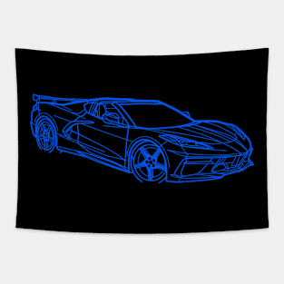 Blue C8 Corvette Racecar 3/4 view Silhouette Outline Blue Supercar Sports car Racing car Tapestry