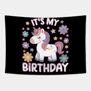 it's my birthday cute kawaii unicorn groovy flowers design for kids girl Tapestry