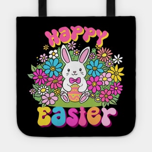 Happy easter a cute easter bunny holding an egg surrounded by flowers Tote