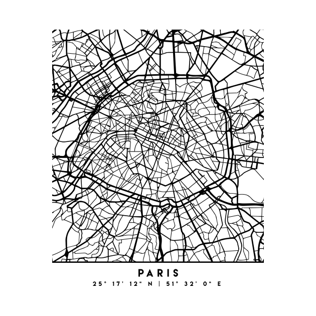 PARIS FRANCE BLACK CITY STREET MAP ART by deificusArt