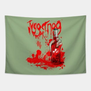 Zombie Hand Bloodied Juggernog on Leaf Green Tapestry