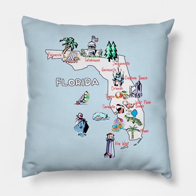 tourism map of Florida state, USA, major cities, attractions, flag Pillow by Mashmosh