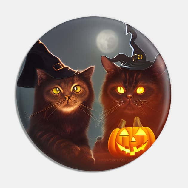 Two Silly Cats with Halloween Witch Hats Pin by SmartPufferFish