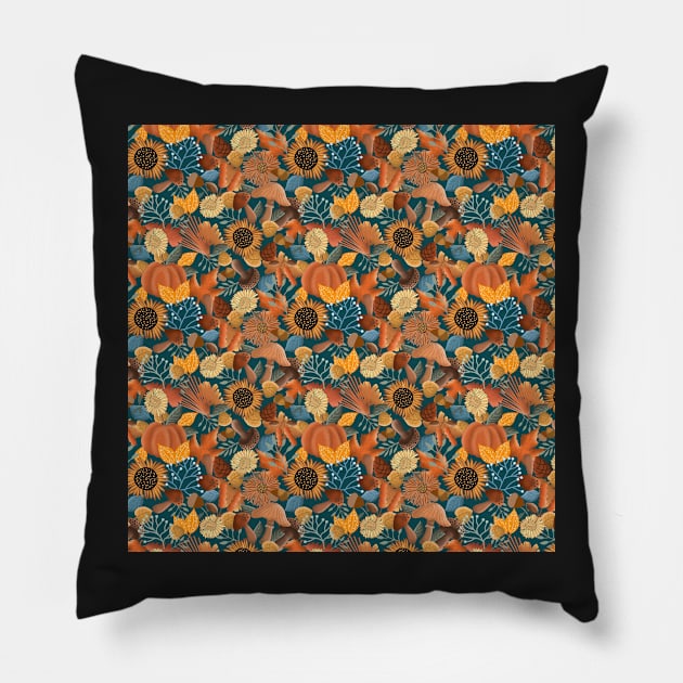 Autumn Botanicals on Mossy Blue Pillow by MarcyBrennanArt