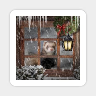 Ferrets Christmas art design. A Winter Day Indoors Ferret Magnet