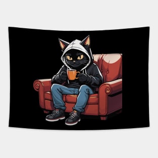 Black Cat Relaxing with a Cup of Hot Chocolate Tapestry