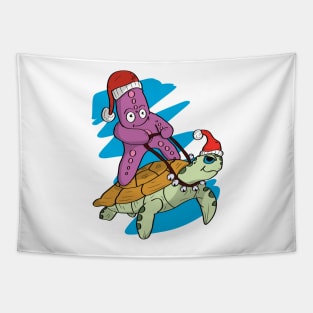 Beach Christmas Starfish and Sea Turtle Surfing Tapestry