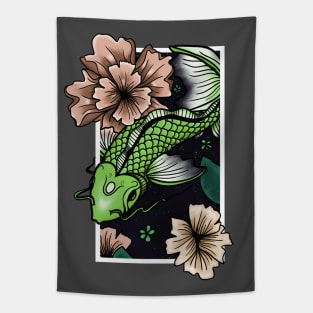 Koi Fish Swimming Through Water and Flowers - Green Edition Tapestry