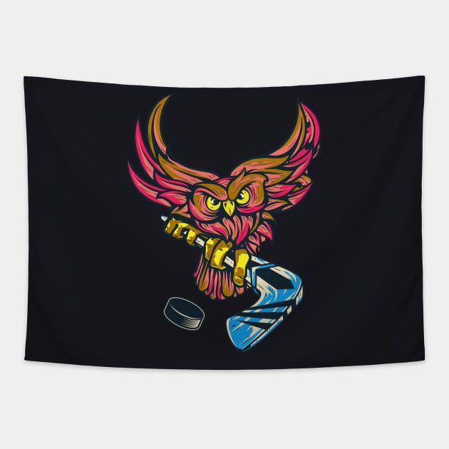 Ice Hockey Owl Tapestry by Foxxy Merch