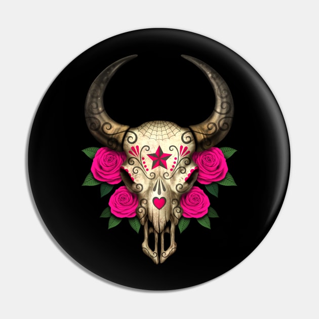 Bull Sugar Skull with Pink Roses Pin by jeffbartels