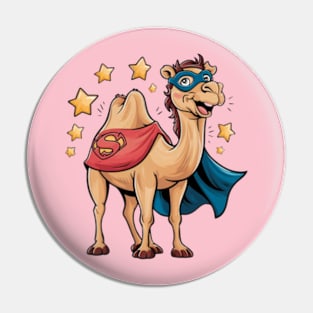 Creative and humorous vector print of a Bactrian camel, wearing a superhero cape and mask, standing confidently with a cheerful smile Pin