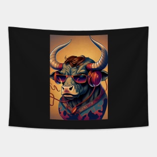 Psychedelic bull wearing headphones and sunglasses Tapestry