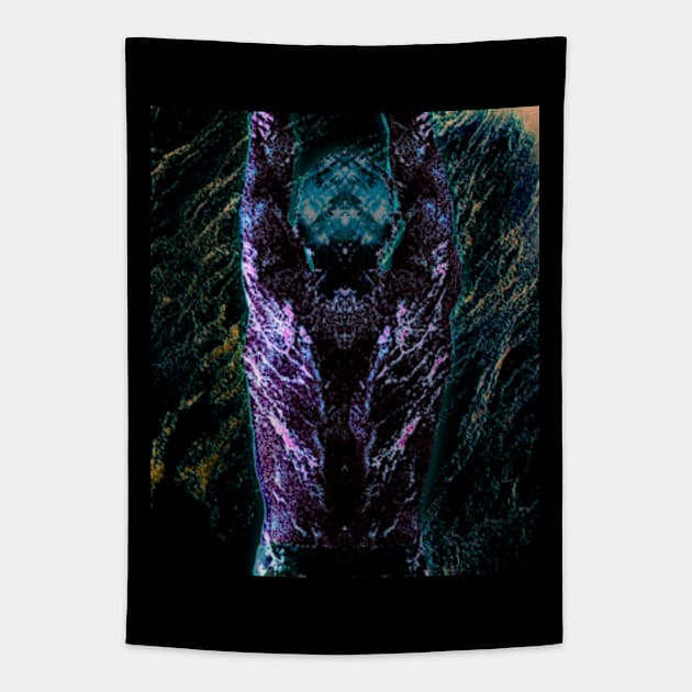 Portrait, digital collage and special processing. Men's back. Mystic. Energy waves. Green and violet. Emboss and glow. Tapestry by 234TeeUser234