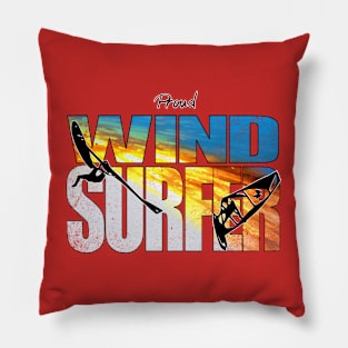 Proud Windsurfer Jumping Sunset Colors over Ocean Waves Pillow