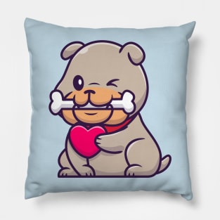 Cute Bulldog Bite Bone And Holding Heart Cartoon Pillow