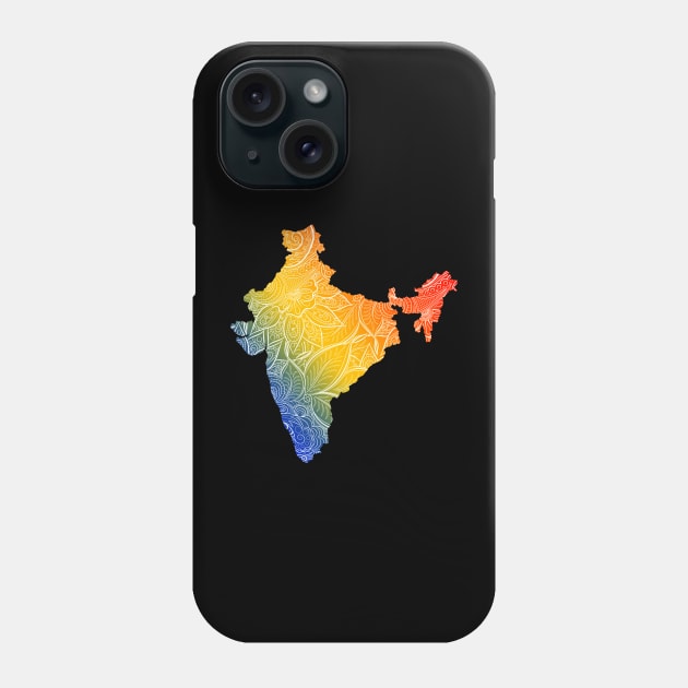 Colorful mandala art map of India with text in blue, yellow, and red Phone Case by Happy Citizen