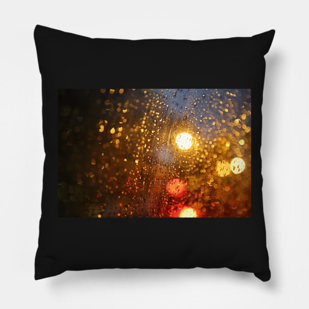 Deatil of raindrops on a car windshield at night Pillow by Reinvention