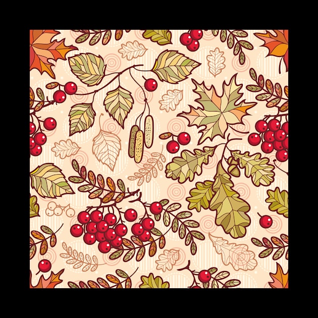 Colorful Autumn Leaves Red Berries Pattern by NoPlanB