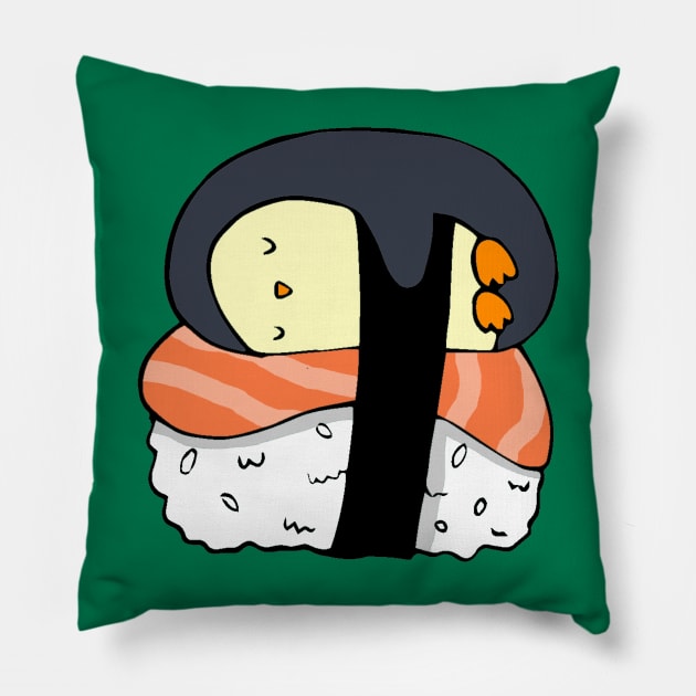 Penguin sleeping over sushi Pillow by Origami Studio