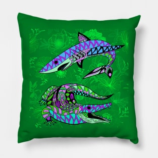 floral shark and gator in mandala zentangle kingdom of beast ecopop Pillow