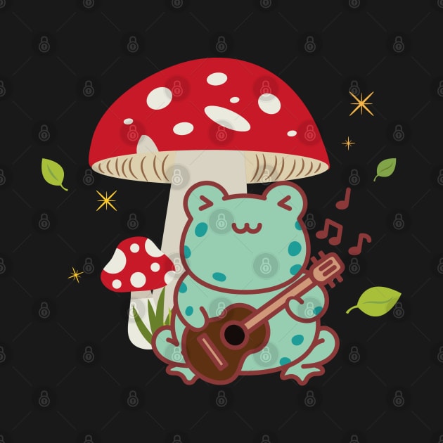 Cute Cottagecore Frog Playing the Guitar Mushroom by uncommontee