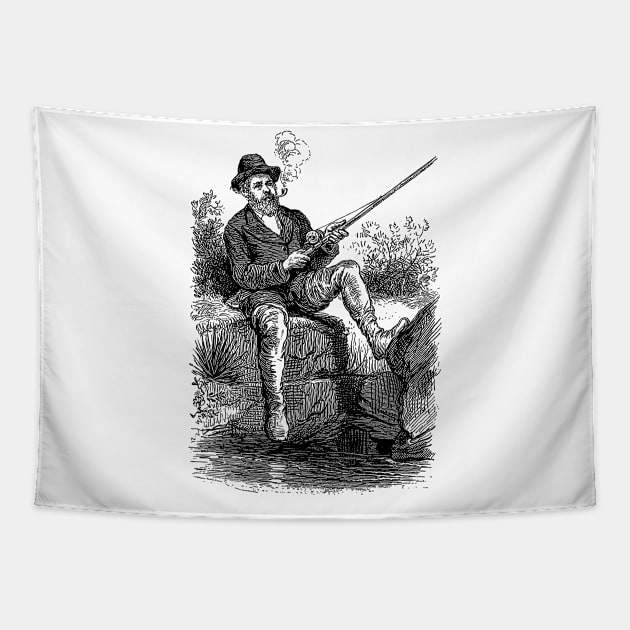 Sketch old man fishing Tapestry by American VIP