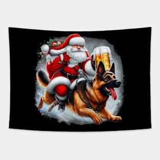 Santa Riding a German Shepherd T-Shirt - A Pawsitively Festive Sleigh Ride Tapestry