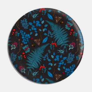 Forest berries, leaves and bugs in blue, red and graphite black Pin