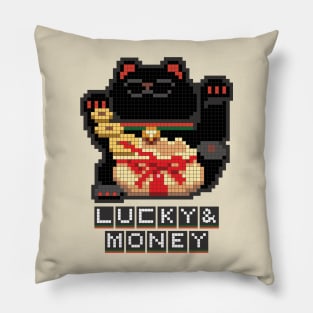 Kuro Maneki Neko Lucky & Money Japanese chubby black cat pixel art Pillow