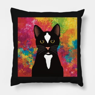 The cute and alert black and white tuxedo cat is waiting and watching you , colorful  background Pillow