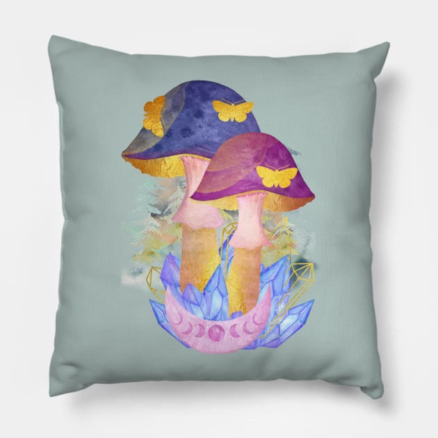 Watercolor Butterflies Crystals Mushrooms Phases of the Moon Pillow by Shayna