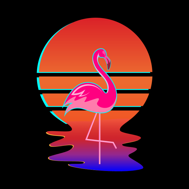 Pink Wading Flamingo in front of Retro Glitch Sunset by Brobocop