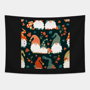 Autumn Gnomes with Long White Beards and Knitted Hats on Forest Green Background Tapestry