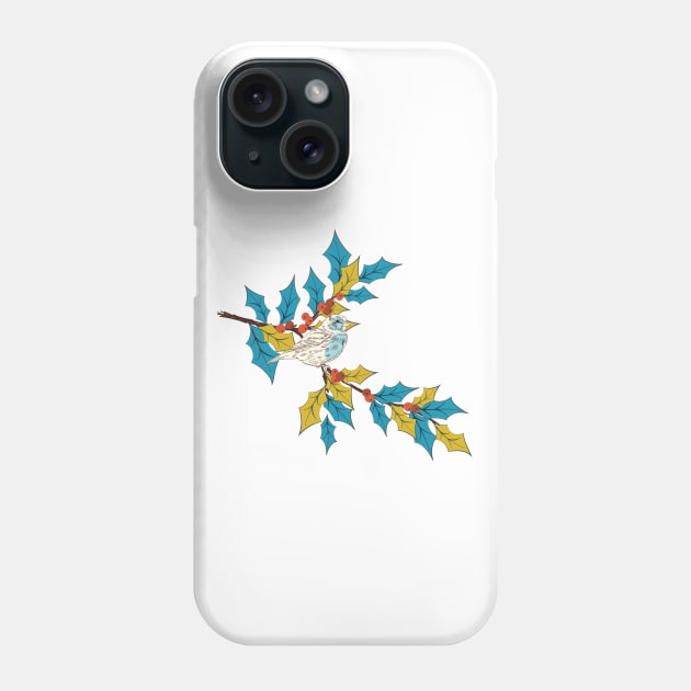 Cute Bird on a Holly Branch Phone Case by SWON Design