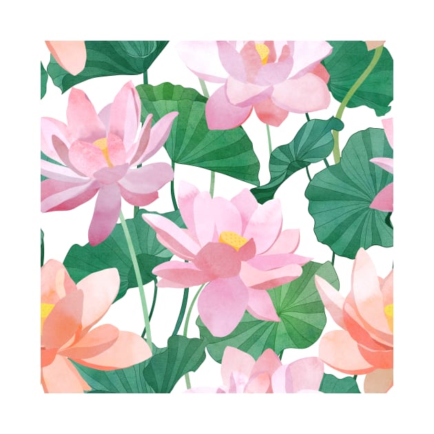 Lotus flowers and leaves watercolor illustration. Exotic spring floral print. Summer Tropical seamless pattern by likapix