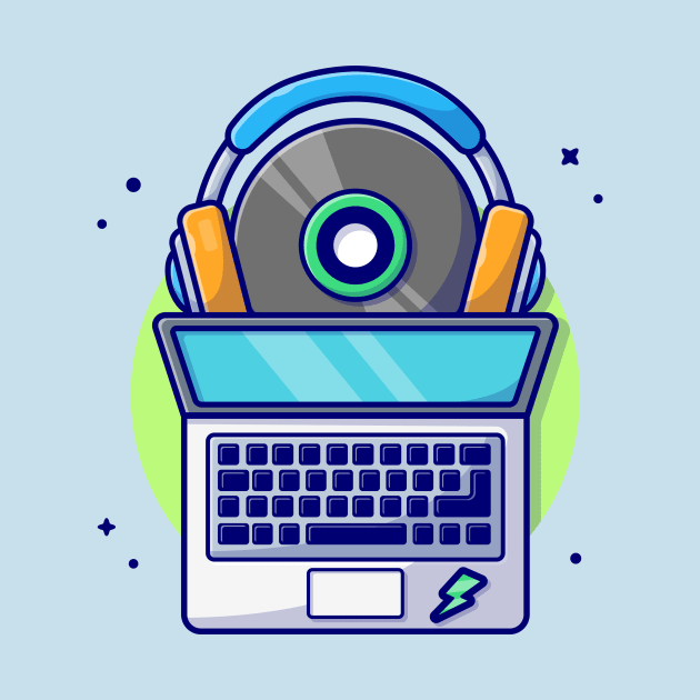 Laptop with Vinyl and Headphones Cartoon Vector Icon Illustration by Catalyst Labs