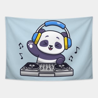 Cute Panda Playing DJ Electronic Music With Headphone Cartoon Tapestry