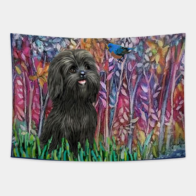 Forest in Bloom with an Adorable Black Shih Tzu Tapestry by Dogs Galore and More