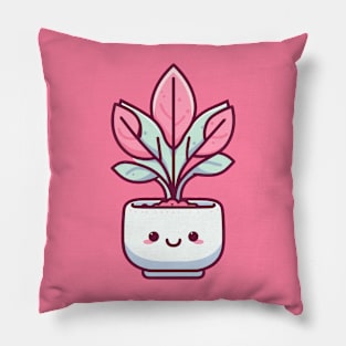 Cute Pink Leaf Plant in a Pot | Cute Kawaii Houseplant Illustration | Kawaii Design Pillow