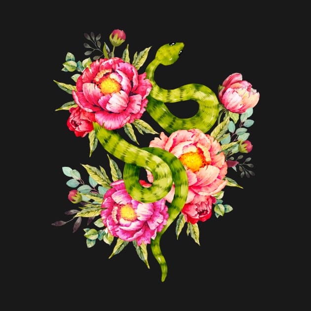 Peony Blossoms, Buds And A Green Garden Snake by LittleBunnySunshine