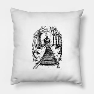 Wooden Railway , Pencil illustration railroad train tracks in woods, Black & White drawing Landscape Nature Surreal Scene Pillow