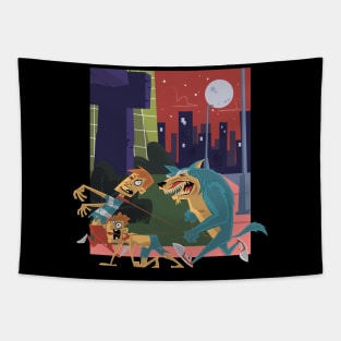 Funny werewolf goes for a walk with 2 people Tapestry