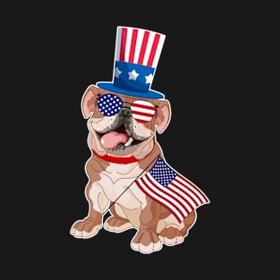 Bulldog Uncle Sam Hat Sunglasses Usa Flag 4th Of July T-Shirt