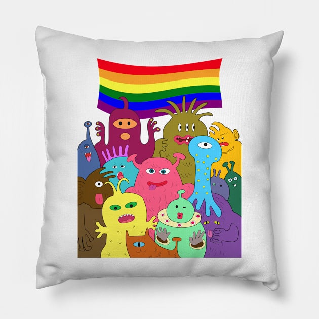 Halloween gay pride celebration. Group of cute alien monsters with lgbtq rainbow flag. Pillow by Nalidsa