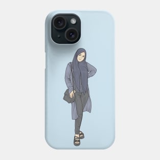 Beautiful woman wearing a hijab wearing a blue shirt with a blue cardigan and tight black trousers Phone Case