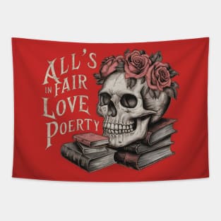 all s fair in love and poetry, book, skull, and rose vintage Tapestry